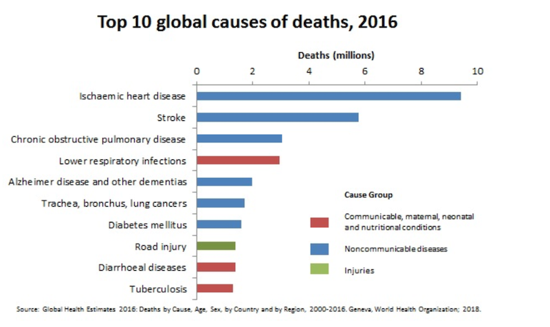 WHO chart showing top 10 global causes of deaths in 2016.