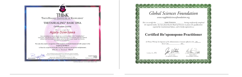 A picture of Theta Healing Basic DNA and Ho'oponopono certificates.