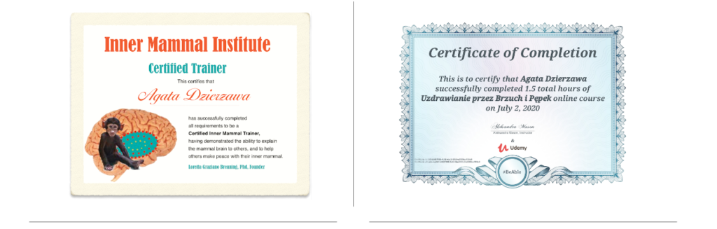 A picture of Inner Mammal Institute and Belly Button Healing certificates.