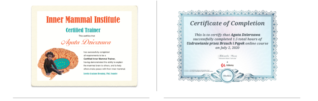 A picture of Inner Mammal Institute and Belly Button Healing certificates. 