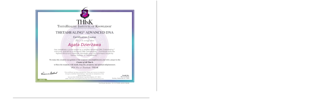 Theta Healing advanced DNA certyfikat.